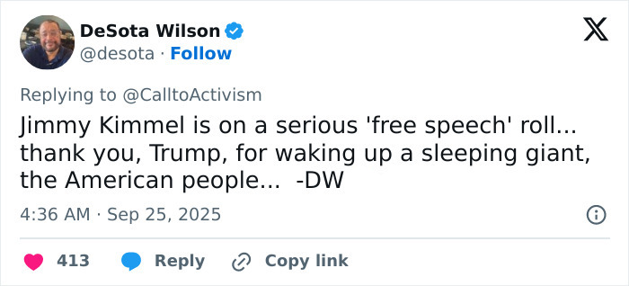 Tweet showing DeSota Wilson commenting on Jimmy Kimmel firing back at Trump over ABC lawsuit threat.
