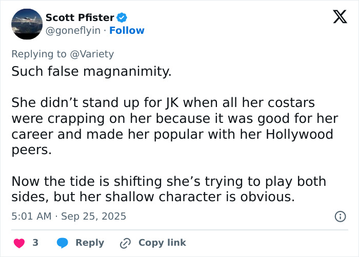 Tweet criticizing Emma Watson's response on trans feud with J.K. Rowling, highlighting fans' negative reactions.