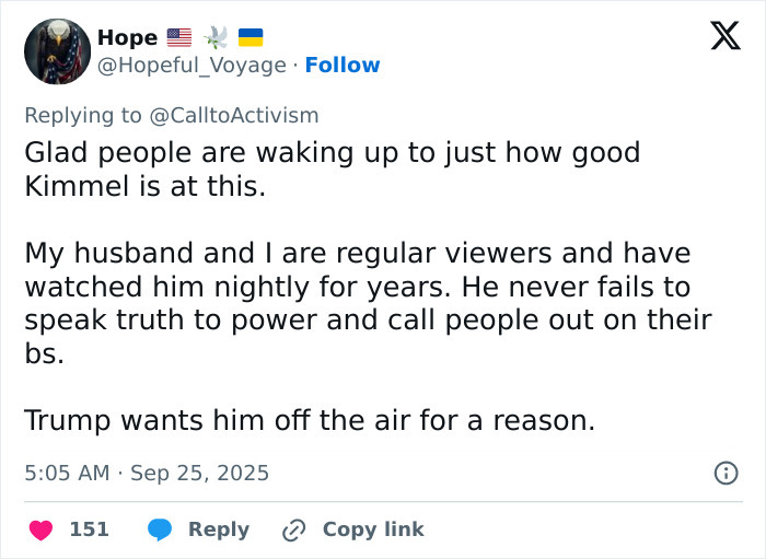 Tweet praising Jimmy Kimmel for speaking truth to power amid ABC lawsuit threat by Trump after comeback.