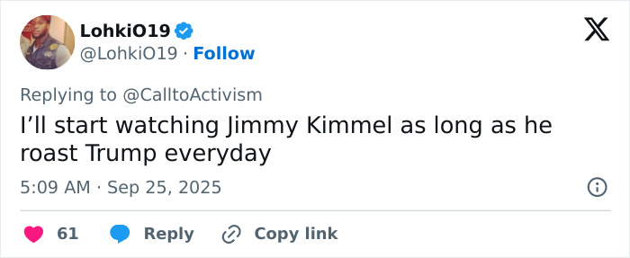 Tweet discussing Jimmy Kimmel firing back at Trump amid ABC lawsuit threat after his record-breaking comeback.