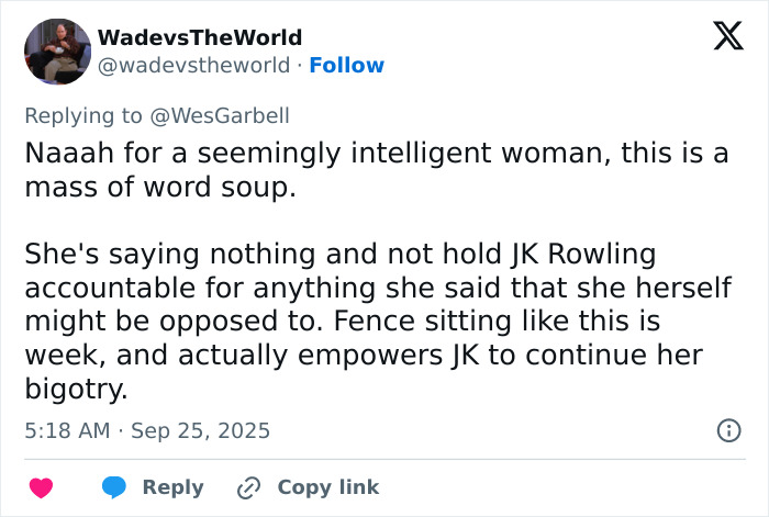 Tweet criticizing Emma Watson for not holding JK Rowling accountable in the trans feud, sparking fan backlash online.