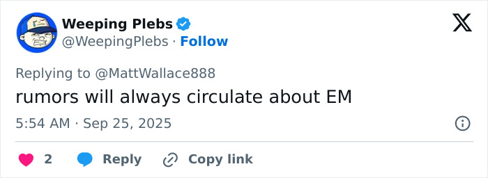 Tweet from Weeping Plebs about Elon Musk, discussing rumors and conspiracy theories circulating online.