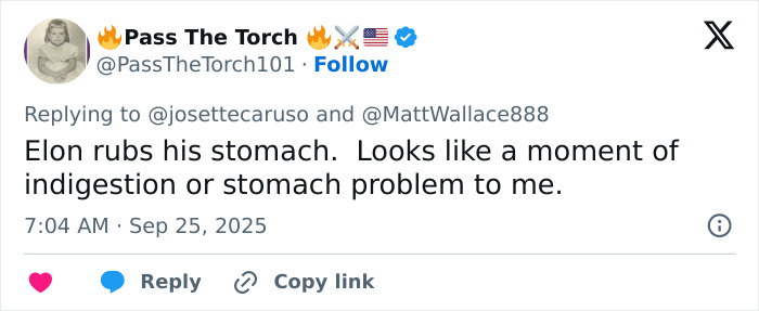 Tweet from Pass The Torch commenting on Elon Musk rubbing his stomach, hinting at possible indigestion amid conspiracy theories.