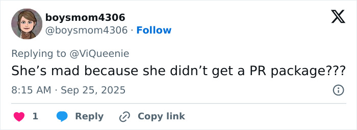 Tweet from reality TV star expressing frustration about Meghan Markle not receiving a PR package amid public dispute.