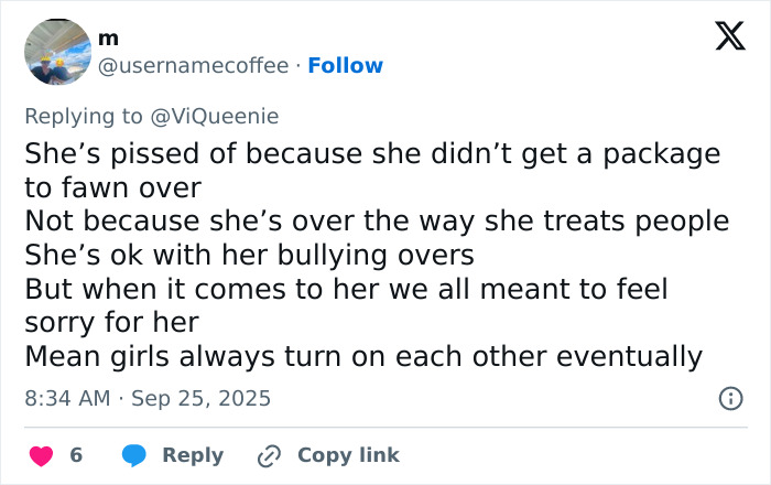 Tweet criticizing Meghan Markle for being unappreciative and accused of bullying, shared by a reality TV star.