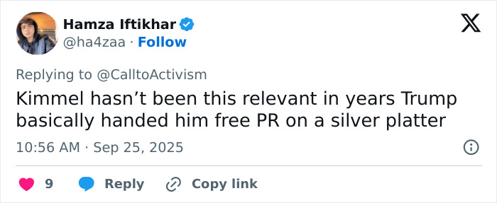 Tweet screenshot showing a user commenting on Jimmy Kimmel&rsquo;s relevance amid Trump ABC lawsuit threat and comeback discussion.