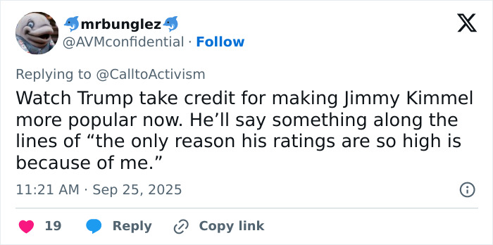 Tweet discussing Jimmy Kimmel firing back at Trump amid ABC lawsuit threat after a record-breaking comeback in TV ratings.