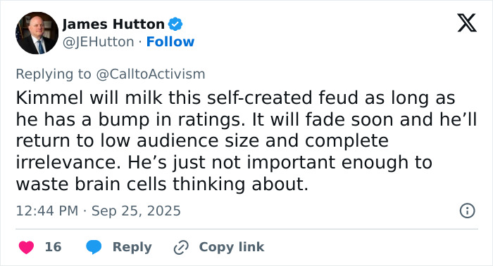 Screenshot of a social media post discussing Jimmy Kimmel&rsquo;s ratings and feud amid ABC lawsuit threat involving Trump.