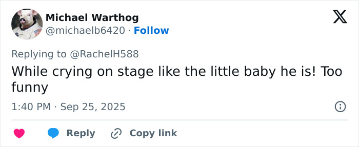 Tweet from Michael Warthog mocking someone, related to Jimmy Kimmel fires back at Trump over ABC lawsuit threat after record-breaking comeback.