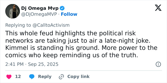 Tweet discussing the political risk in TV networks airing late-night jokes, mentioning Jimmy Kimmel firing back at Trump.
