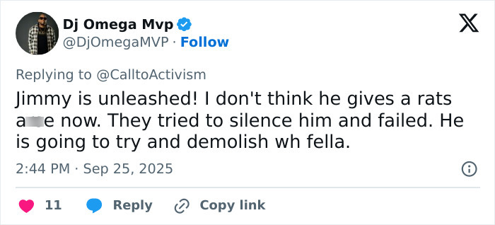 Tweet screenshot showing a user discussing Jimmy Kimmel firing back at Trump amid ABC lawsuit threat.