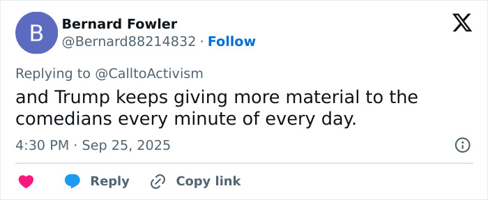 Tweet by Bernard Fowler about Trump providing material to comedians amid Jimmy Kimmel fires back at Trump lawsuit context.