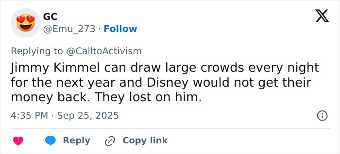 Twitter user discussing Jimmy Kimmel&rsquo;s ability to draw large crowds amid ABC lawsuit threat from Trump.