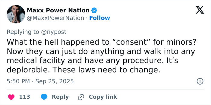 Tweet by Maxx Power Nation discussing consent laws for minors and medical procedures after surgeon detained in fatal breast enlargement case.