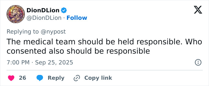 Screenshot of a tweet discussing responsibility of the medical team in the fatal breast enlargement case involving a teen.