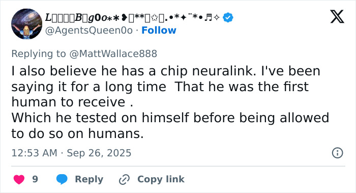 Screenshot of a tweet discussing Elon Musk and conspiracy theories about him having a Neuralink chip.