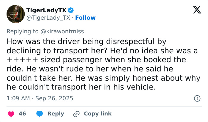 Screenshot of a Twitter reply discussing Lyft driver denying ride due to passenger's weight in a transport dispute.
