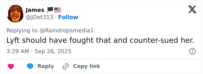 Tweet from user James criticizing Lyft about a lawsuit involving a Lyft driver denied ride due to her weight.