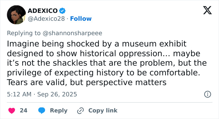 Tweet by ADEXICO discussing a white woman&rsquo;s dramatic reaction to being shackled at an African-American museum visit.