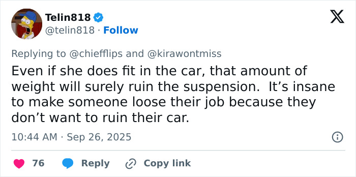 Tweet discussing weight concerns affecting Lyft driver jobs and suspension issues after a ride denial and lawsuit settlement with Lyft.