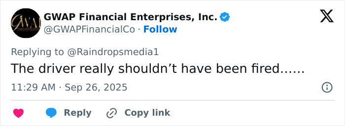 Screenshot of a tweet criticizing Lyft driver firing after driver denied ride due to passenger's weight in a legal dispute.