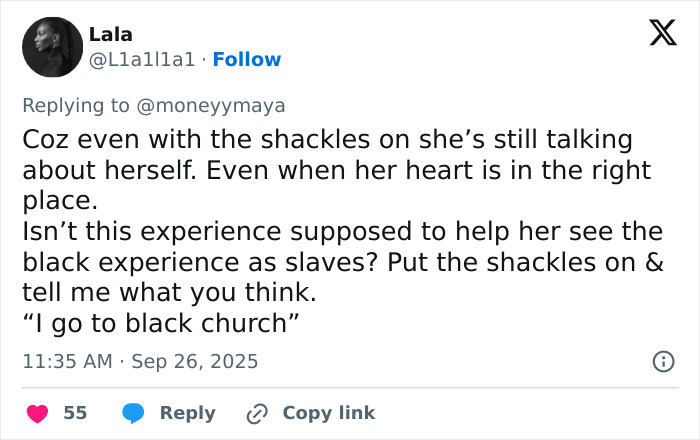 Tweet discussing white woman&rsquo;s dramatic reaction to being shackled during African-American museum visit, reflecting on slavery.