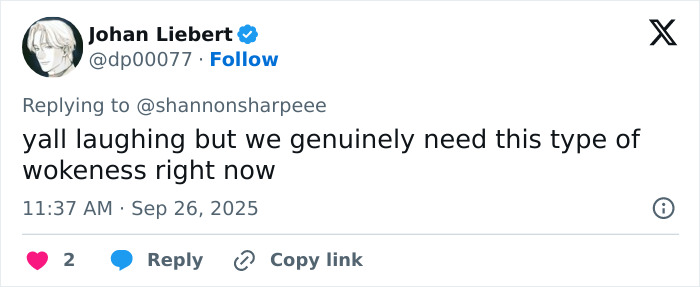 Tweet by Johan Liebert discussing the need for this type of wokeness in response to viral shackling reaction at African-American museum visit.