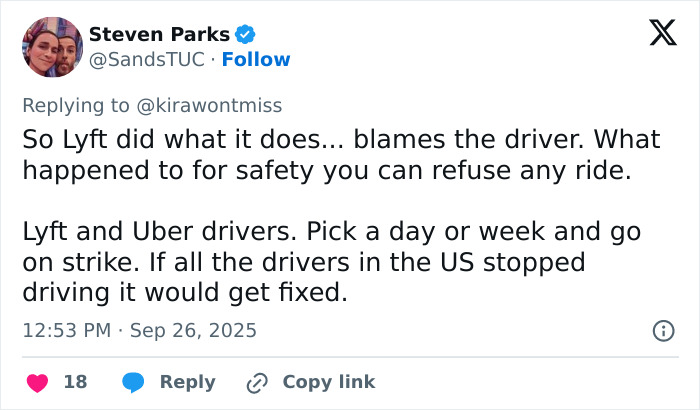Tweet discussing Lyft driver denying a ride and calls for Lyft driver strike in response to ride refusal controversy.