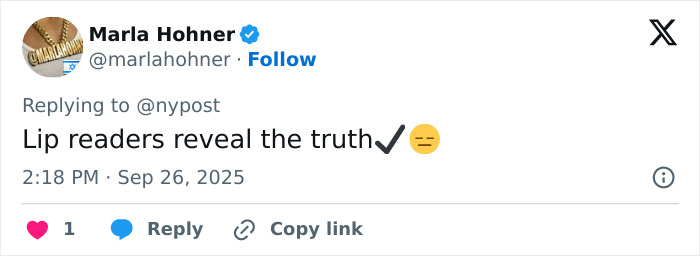 Tweet from Marla Hohner mentioning lip readers revealing truth about Trump’s finger-pointing scolding exchange with Melania. Tweet from Marla Hohner mentioning lip readers revealing truth about Trump’s finger-pointing scolding exchange with Melania.