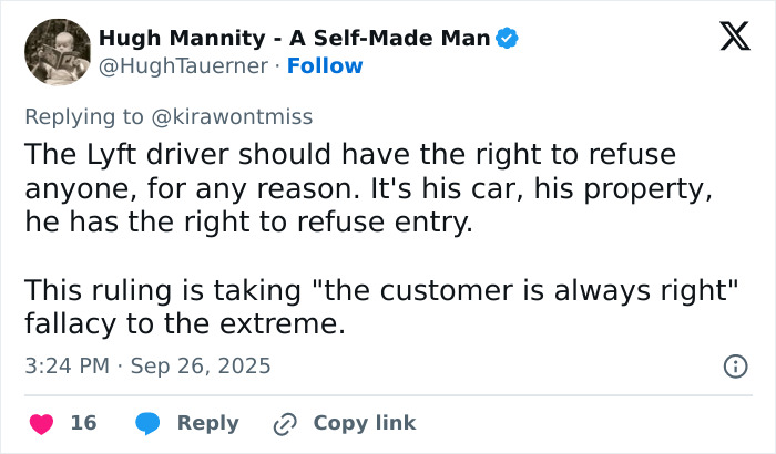 Tweet discussing Lyft driver rights and refusal policies amid rapper lawsuit over ride denial due to passenger weight.