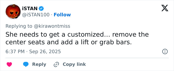 Tweet discussing customized vehicle modifications suggesting removing center seats and adding lift or grab bars after Lyft driver denied ride.