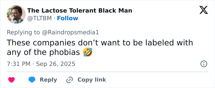 Twitter reply from user The Lactose Tolerant Black Man commenting on companies avoiding labels related to phobias, related to Lyft driver lawsuit.