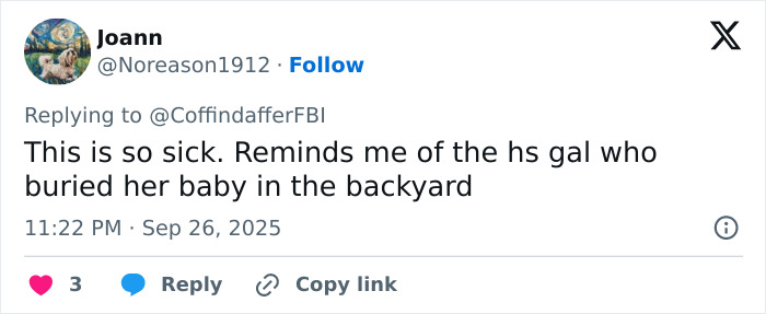 Tweet text expressing shock about a high school girl who buried her baby in the backyard, related to cheerleader newborn case.