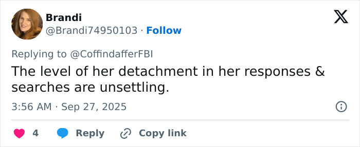 Screenshot of a tweet describing unsettling detachment in responses related to disturbing new twist in cheerleader baby case.