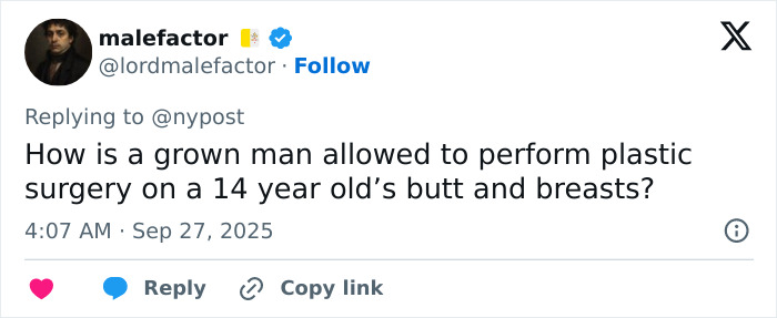 Tweet discussing surgeon who performed fatal breast enlargement on 14-year-old and questioning the procedure's legality.