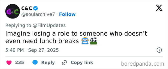 Screenshot of a tweet commenting on losing acting roles to AI actresses like Tilly Norwood, related to Emily Blunt controversy. Screenshot of a tweet commenting on losing acting roles to AI actresses like Tilly Norwood, related to Emily Blunt controversy.