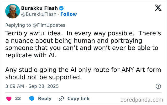 Tweet criticizing AI actress Tilly Norwood, emphasizing the importance of human nuance and rejecting AI-only art in the film industry. Tweet criticizing AI actress Tilly Norwood, emphasizing the importance of human nuance and rejecting AI-only art in the film industry.