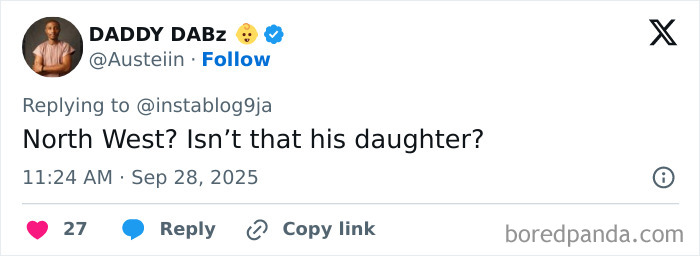 Screenshot of a social media post discussing Kanye West listing daughter North West in a public betrayal list.