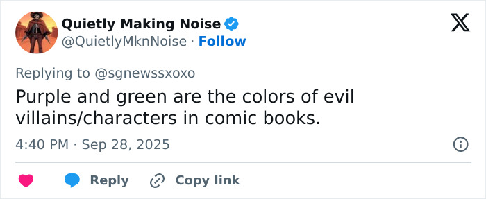 Tweet discussing purple and green as villain colors in comic books, highlighting colorful elements from Selena Gomez and Billy Blanco's wedding outfits.