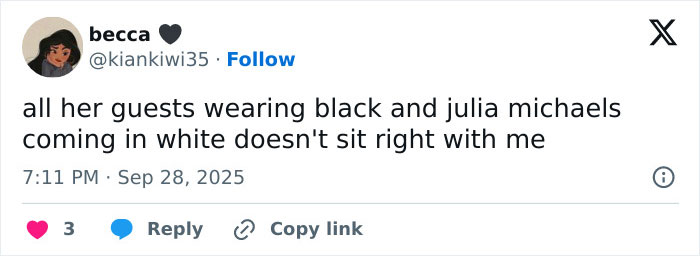 Tweet commenting on guests wearing black and Julia Michaels in white, highlighting worst and wackiest outfits from Selena Gomez and Billy Blanco's wedding.