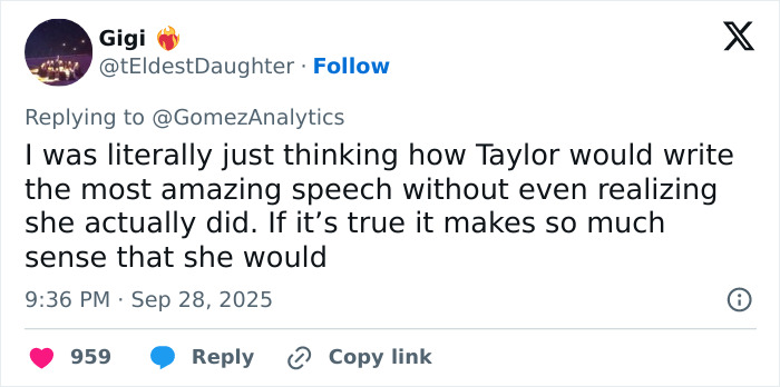 Tweet discussing Taylor Swift stealing the spotlight with a long speech at Selena Gomez's wedding.