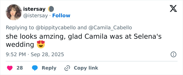 Social media post praising Camila Cabello&rsquo;s appearance at Selena Gomez and Billy Blanco&rsquo;s wedding, highlighting outfits.