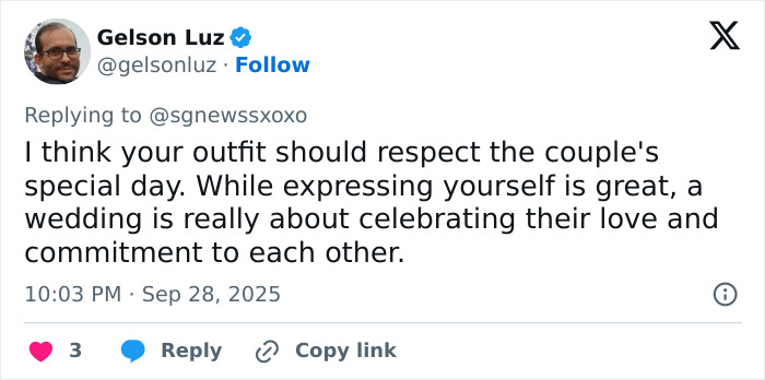 Tweet discussing the importance of respectful outfits at Selena Gomez and Billy Blanco's star-studded wedding.