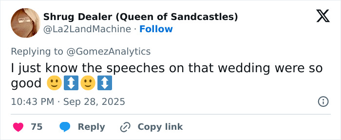 Tweet praising Taylor Swift&rsquo;s memorable wedding speech at Selena Gomez&rsquo;s ceremony with positive emojis and engagement.