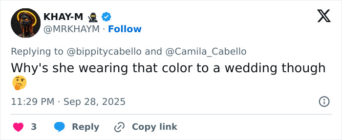 Tweet questioning an unusual wedding outfit color, referencing the worst and wackiest outfits from Selena Gomez and Billy Blanco's wedding.