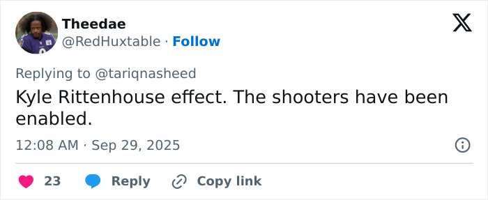 Tweet by Theedae commenting on shooters and referencing the Kyle Rittenhouse effect linked to Michigan church tragedy theories. Tweet by Theedae commenting on shooters and referencing the Kyle Rittenhouse effect linked to Michigan church tragedy theories.