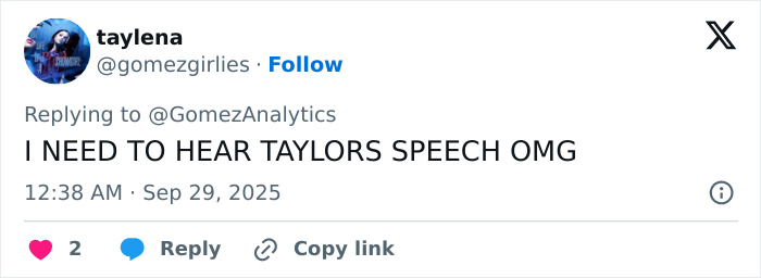 Tweet text showing excitement about Taylor Swift's speech at Selena Gomez's wedding, posted by user taylena.