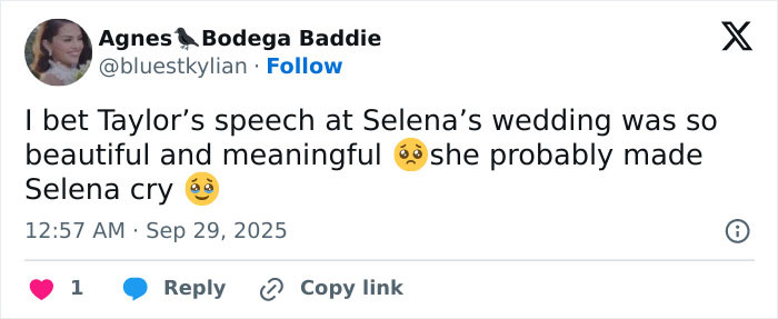 Tweet about Taylor Swift's speech at Selena Gomez&rsquo;s wedding being beautiful and meaningful, making Selena emotional.