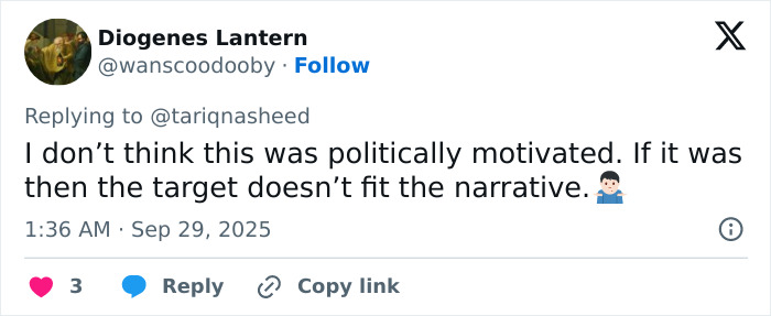 Twitter post by Diogenes Lantern replying to @tariqnasheed, discussing political motivation in Michigan church tragedy theories. Twitter post by Diogenes Lantern replying to @tariqnasheed, discussing political motivation in Michigan church tragedy theories.
