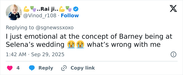 Tweet expressing emotional reaction to Barney appearing at Selena Gomez and Billy Blanco's star-studded wedding event.